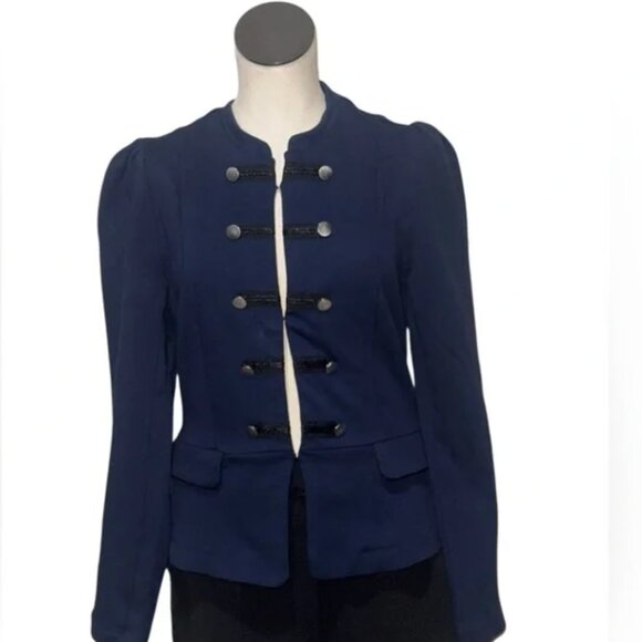 NWOT EXPRESS Chic Navy Military-Style Jacket - Puff Sleeve Blazer Stretch Large - Picture 3 of 8
